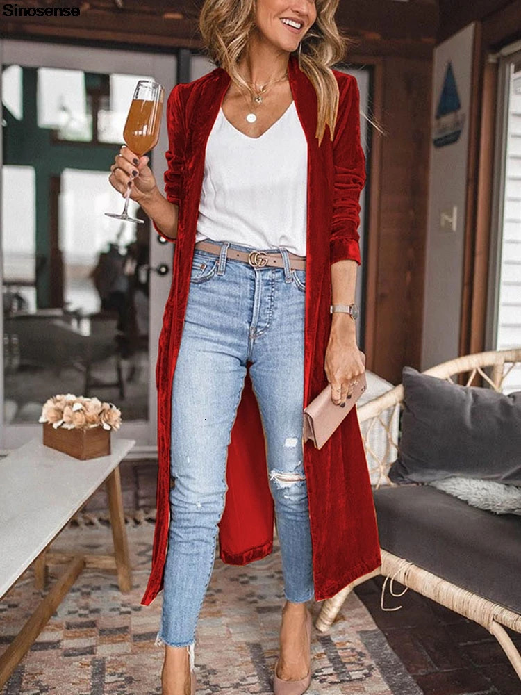 Women Solid Long Sleeve Velvet Jacket Lapel Collar Open Front Long Cardigan Coat With Pockets Fall Fashion Outerwear Maxi Duster 250617