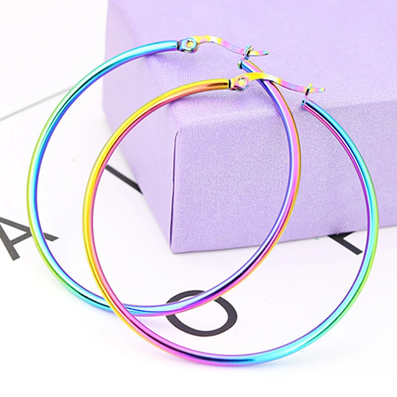 6 Pairs Fashion Simple Colorful Stainless Steel Hoop Earrings for Women Men Big Small Circle Round Ear Jewelry Size 10-40mm 250603