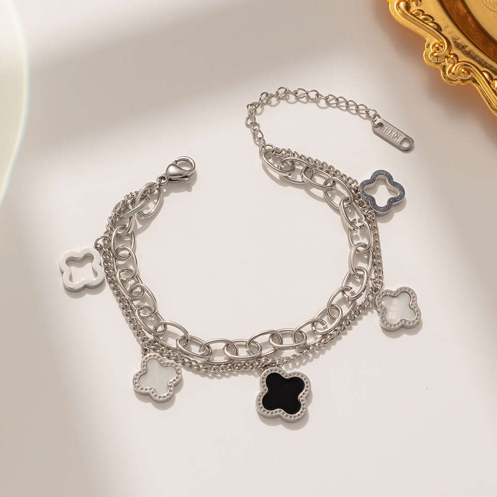Korean Style Fashion Black and White Shell Double Layer Four-Leaf Flower Titanium Steel Bracelet Classic Versatile Wristband Qixi Festival Gift Access