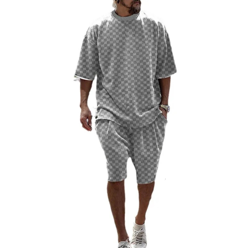 Cross-border Mens Summer Plaid Short Sleeve Loose Large Size Straight Casual Shorts Set 250617