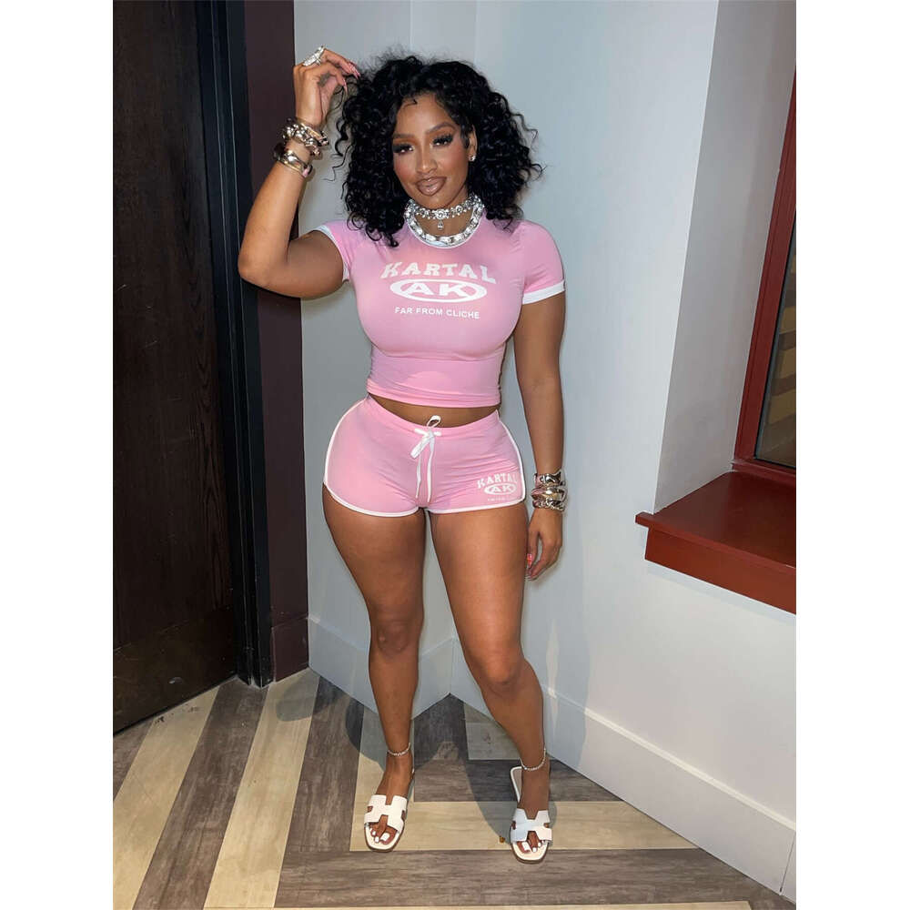 New Fashion Slim Fit Sexy Letter Print Elastic Sports Style Short Sleeve Tie Shorts Set For Women B5