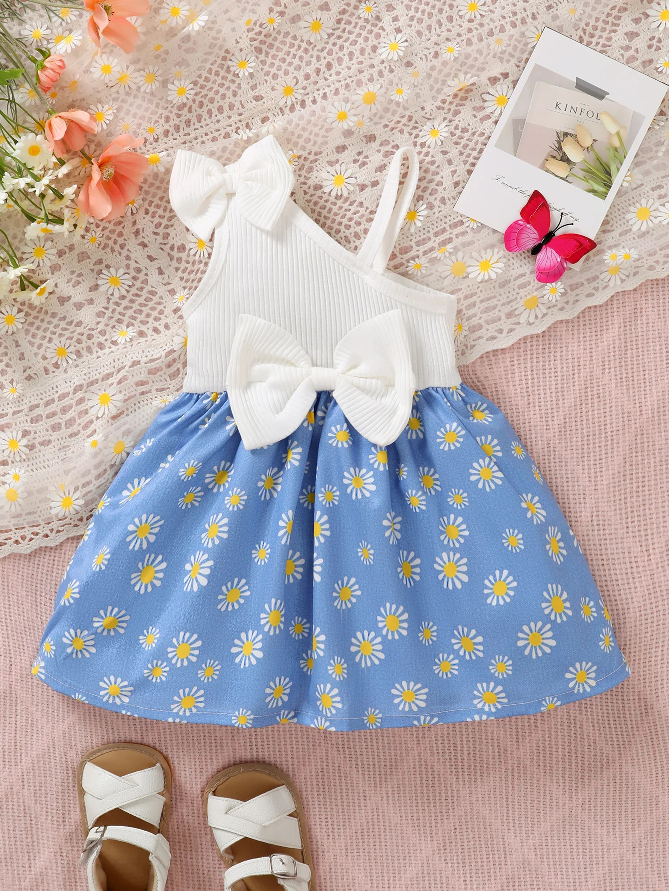 Fashionable Baby Girl Summer Diagonal Shoulder Cute Sunflower Dress 250617