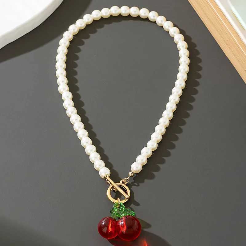 New Beads Womens Neck Chain Pearl Choker Necklace Gold Color Goth Choker Jewelry On The Neck Cherry Pendant Collar for Girl W250618