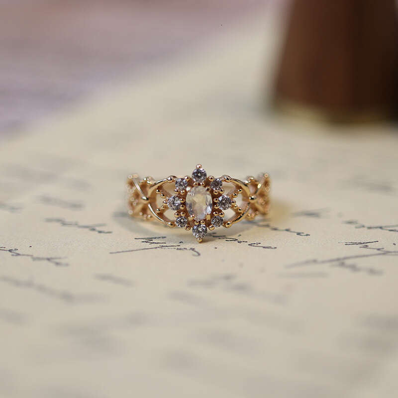 New Christmas Ring First Snow Crystal Moonstone Grid Lace Hollow Gold Plated Niche Design Ins