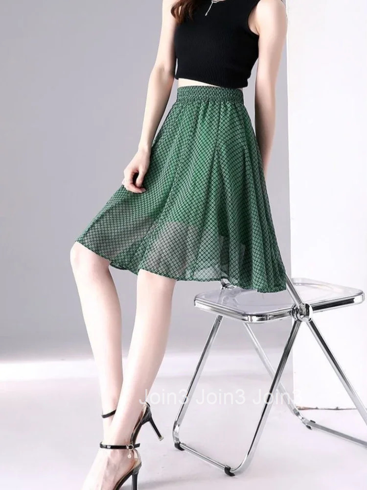 Midi High Waist Chiffon Green Woman Skirt Luxury Elegant Vintage Y2k A Line Streetwear Korean Style Premium V Skirts for Women