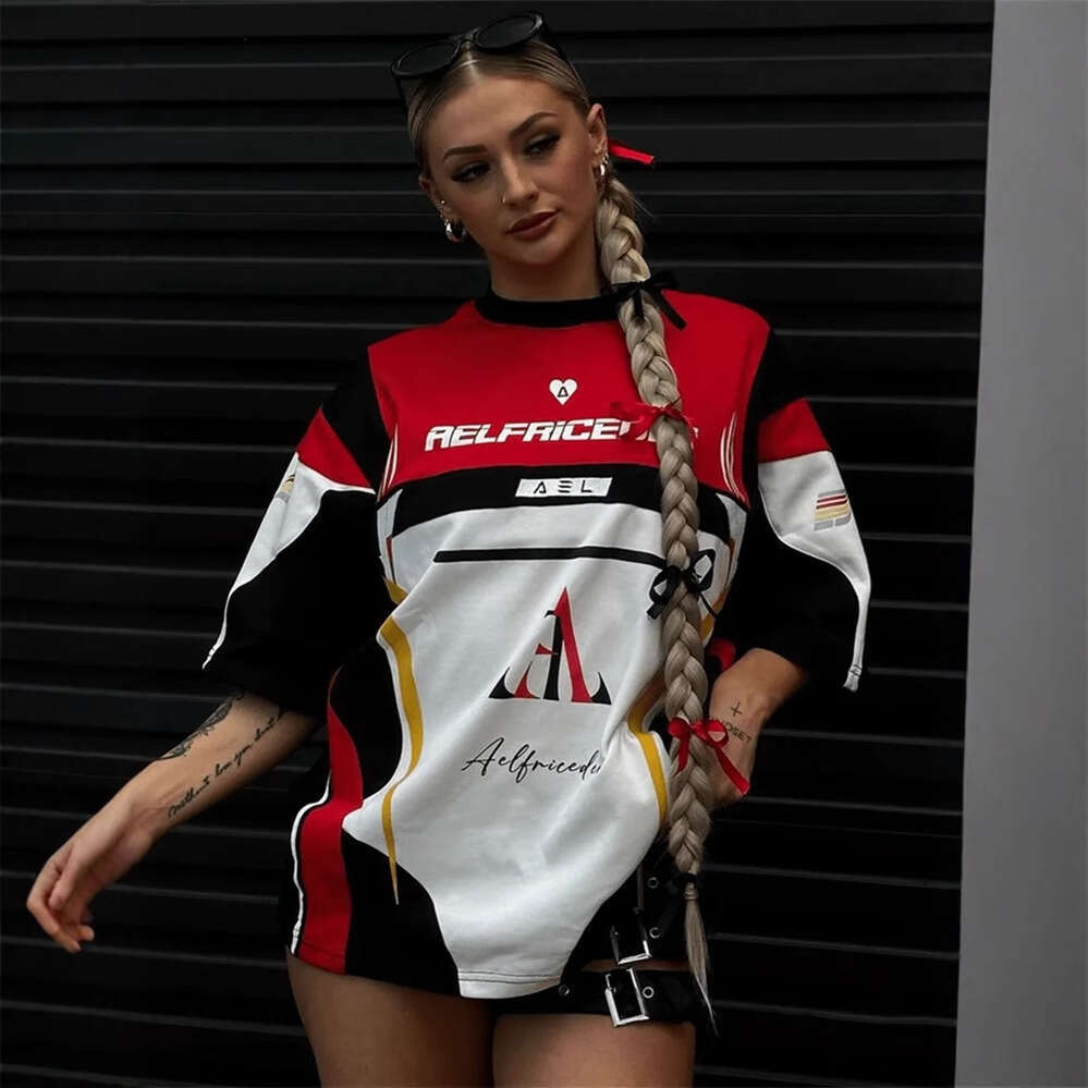 Autumn New Trendy Fashion Printed Motorcycle Style High Street American Short Sleeve Top Color Block T-Shirt For Women B5