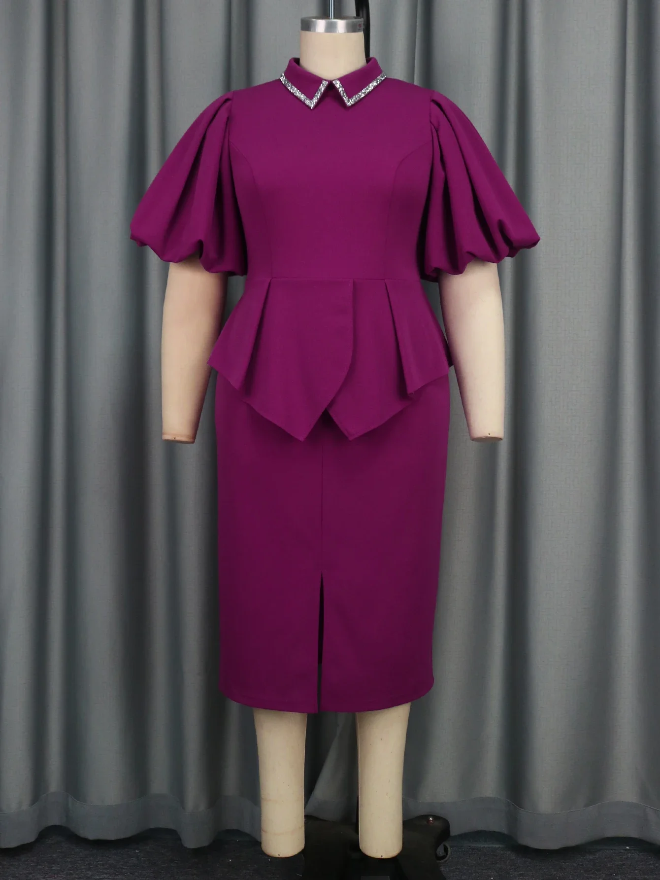 Purple Turn Down Collar Midi Dresses Women's Short Puff Sleeve Peplum Party Evening Event Slim Fit