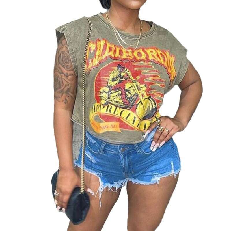 Street Style Sleeveless Printed Loose Vest Summer Fashion Versatile Casual Hot Girl T-Shirt For Women B5