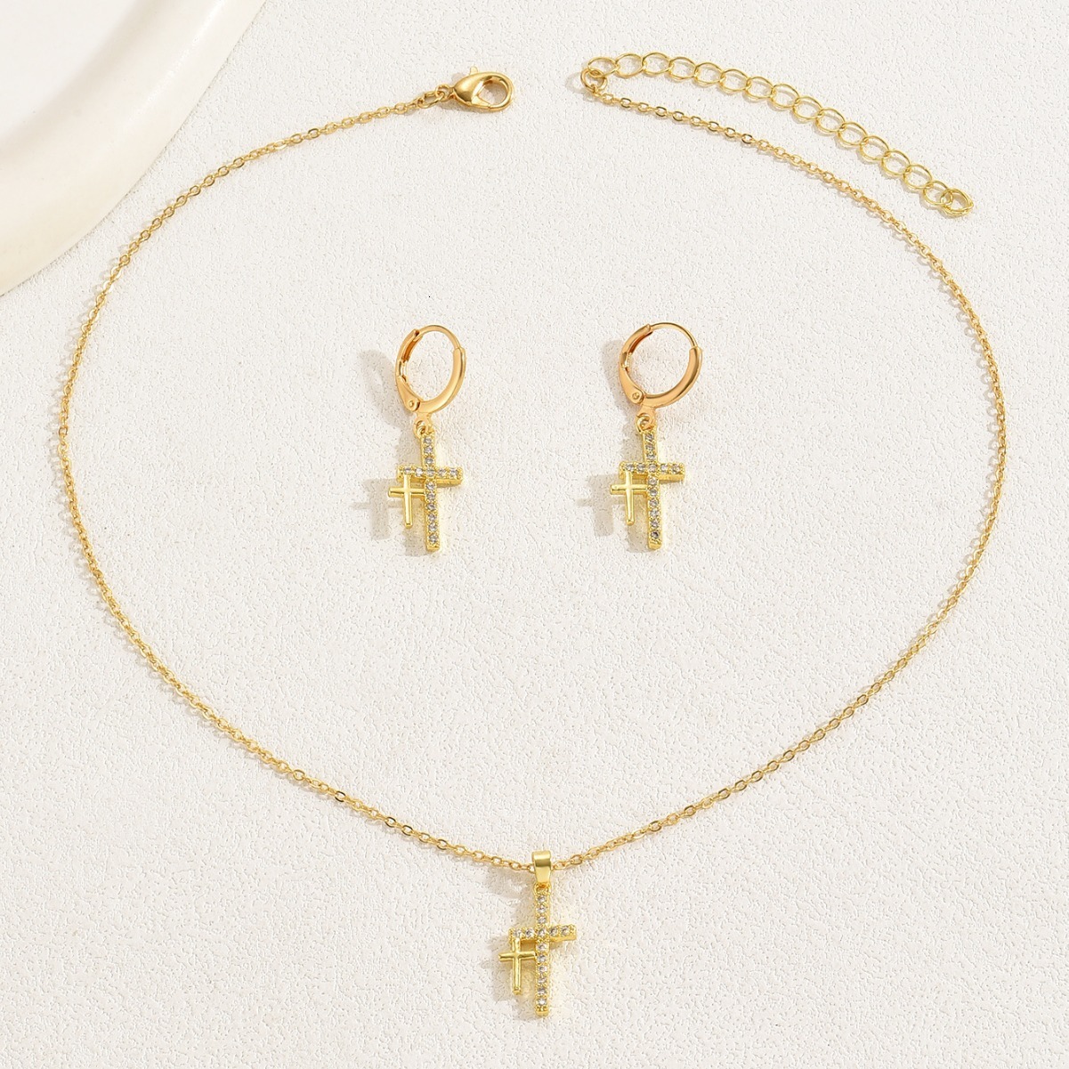 Cross and Earring Light Inlaid Zircon Design Necklace Set Clavicle Chain