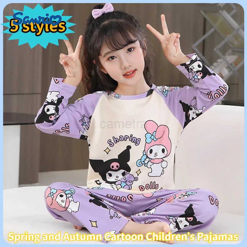 Sanrio 2024 New Spring And Autumn Sanrio Kuromi ChildrenS Pajamas Long Sleeve ChildrenS Cartoon Round Neck Cartoon Melody SetXJ250618XJ250618