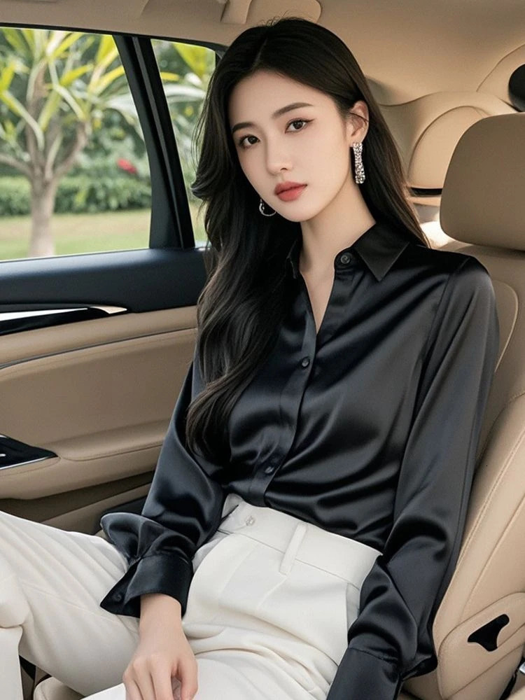 Elegant Silk Office Shirts Women Korean Fashion Y2k Clothes Slim Long Sleeve White Black Blusas Mujer Workwear Tops and Blouses 250617