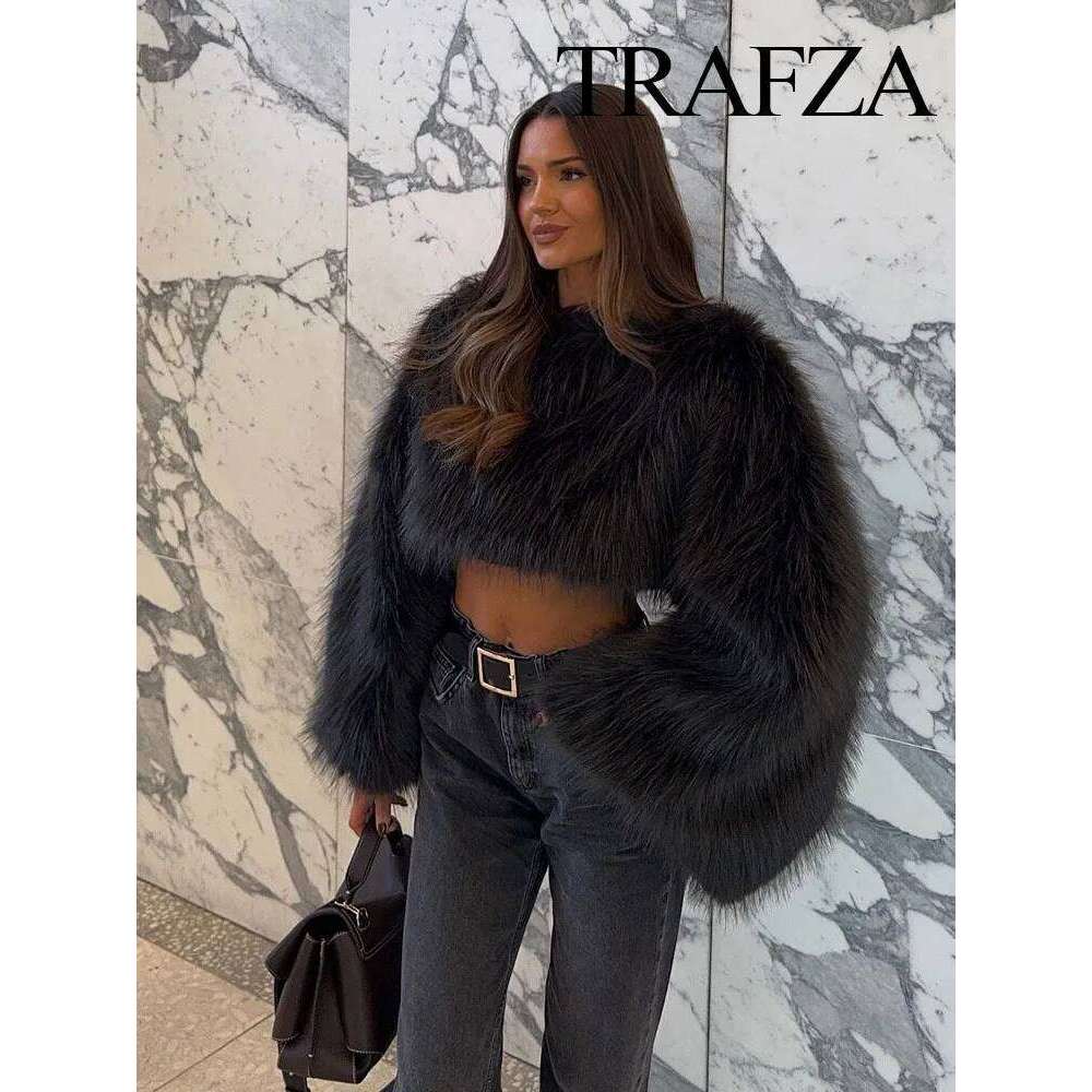 TRAFZA Women Winter Fashion O-Neck Long Sleeve Casual Loose Top Female Warm Faux Fur Pullover Sweatshirts Streetwear 2 Color