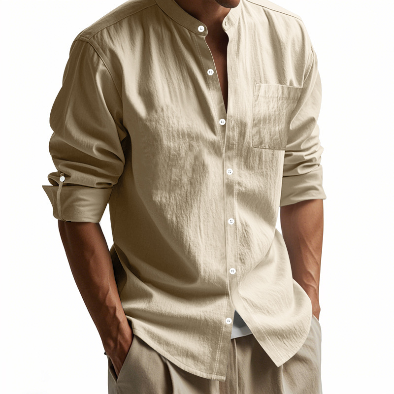 Men's linen shirt long-sleeved casual shirt stand-up collar breathable new Chinese-style pocket shirt European code: S-3XL
