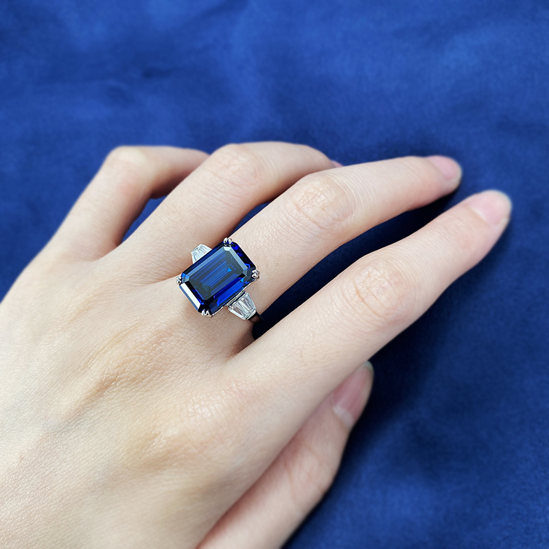 S925 Sterling Silver Emerald Cut Ring 10x14mm Royal Blue Gemstone