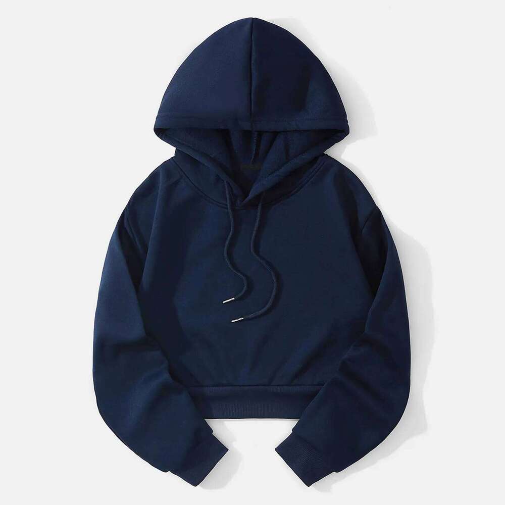 Women's Solid Color Cropped Hoodie, Warm Fleece Sweatshirt in Sporty Style, Loose-Fit Casual Brand Sweatshirt, Streetwear