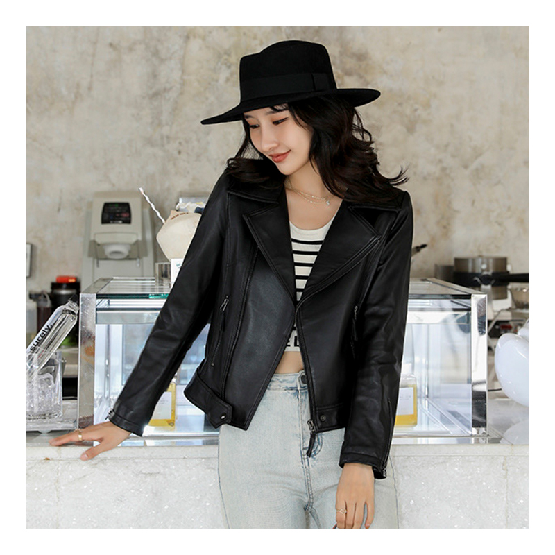 Womens Leather Jacket with Short Suit Collar - Customizable Motorcycle Style
