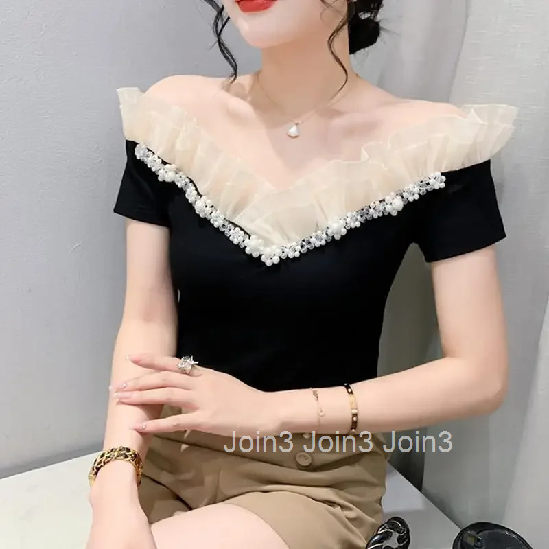 Sexy Womens T-shirt Summer Outfit Female Top Elegant Harajuku Fashion Korean Reviews Many Clothes Japanese Vintage Polyester
