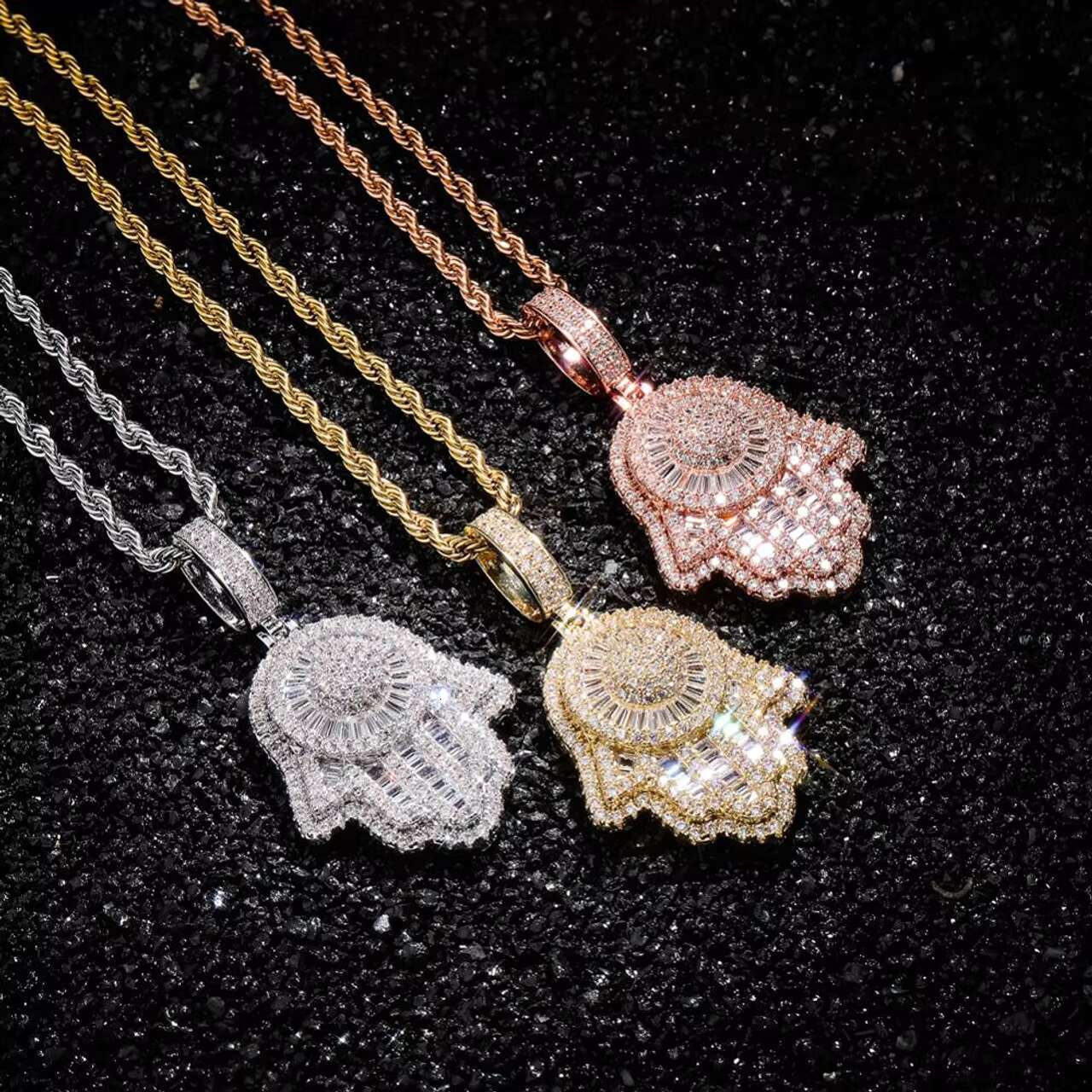 Custom 14k Rose Gold Hamsa Hand Pendant New Design Fatima Necklace with Baguette Micro Pave Luxury Good Luck Charm