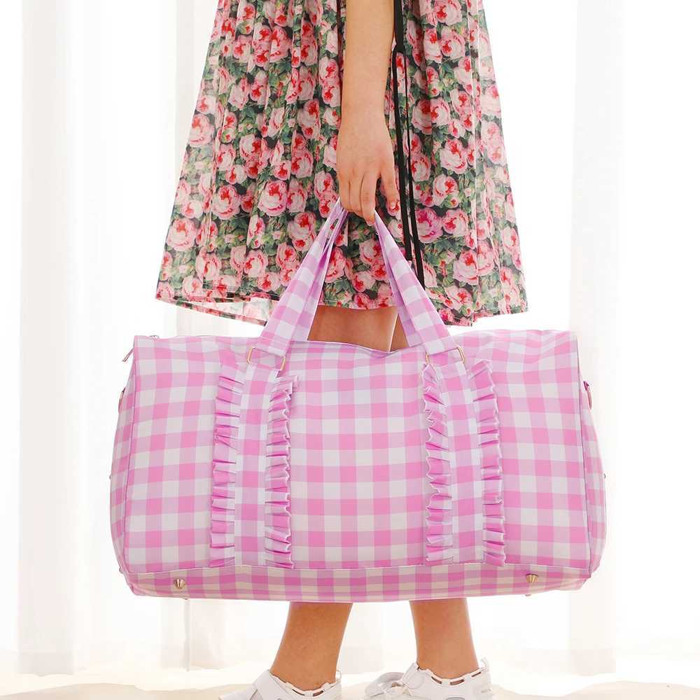 Nylon Duffel Bag Women Ruffle Duffle Gingham Weekend Sports Overnight Travel Vacation Gift Stripe Detachable Adjustable Strap W250618
