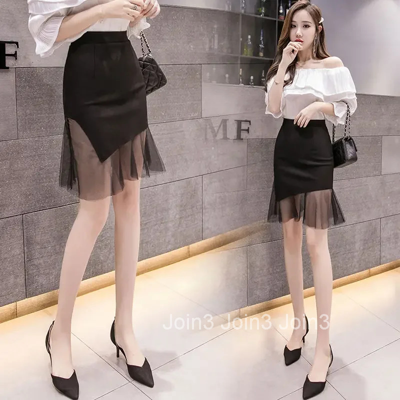 Mesh Woman Skirt Patchwork Tight High Waist Black Tulle Wrap Midi Aesthetic 2025 Trend Clothing Cheap New in V Skirts for Women