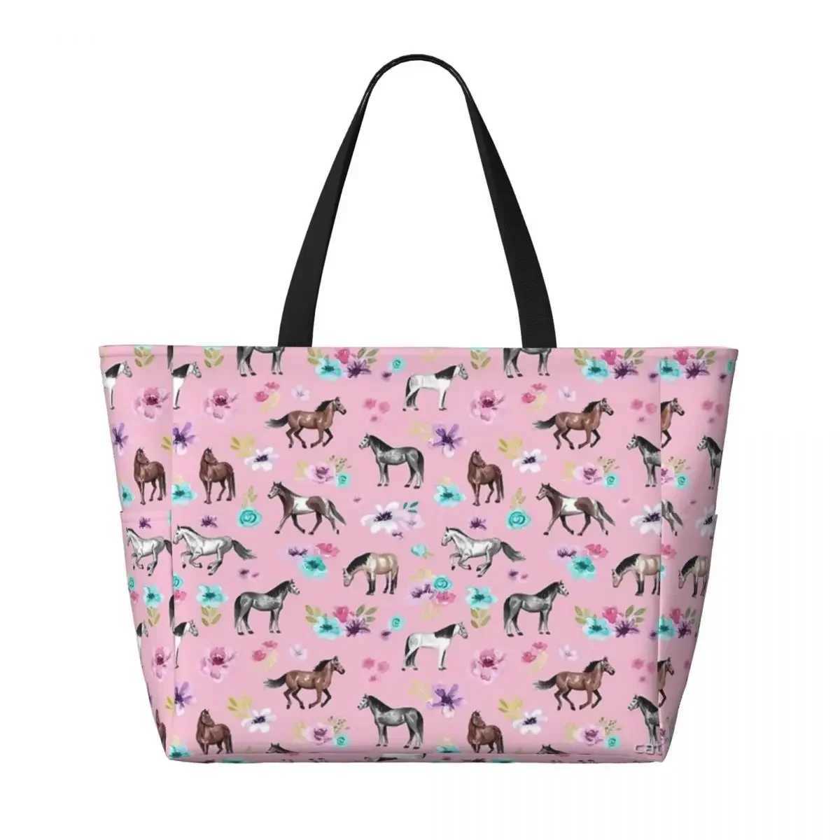 Horses And Flowers On Pink Equestrian Art Beach Travel Bag Tote Popular Large Capacity Out Birthday Gift Multi-Style Pattern W250618