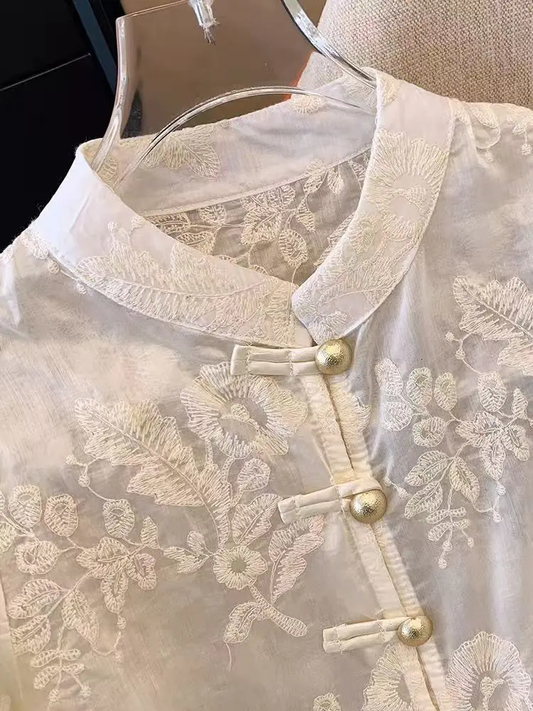 Flower Embroidery Chic Lace Splicing Tangsuit Button Shirts Women Jackets Chinese Cheongsam Hanfu Vintage Thin Coats Summer 250613