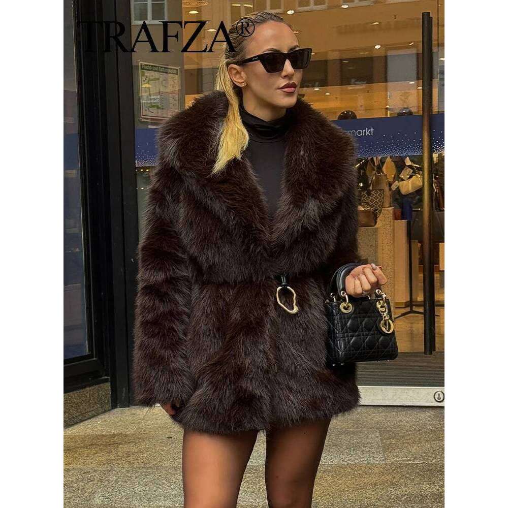 TRAFZA Winter Coat Woman Trendy Solid Turn Down Collar Long Sleeves Belt Decoration Female Vintage Thick And Warm Outerwear