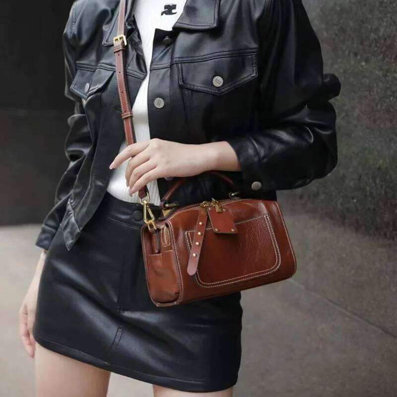 Women's Genuine Leather Boston Handbags Vintage Style Women Shoulder Bag High Quality Cowhide Crossbody Bags 9239