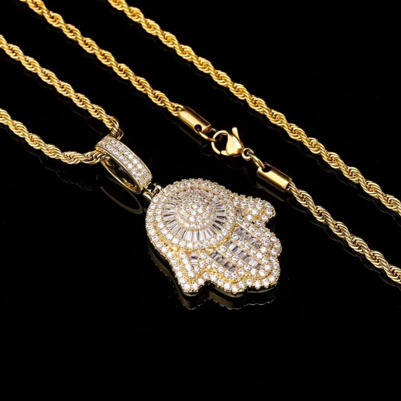 Custom 14k Rose Gold Hamsa Hand Pendant New Design Fatima Necklace with Baguette Micro Pave Luxury Good Luck Charm