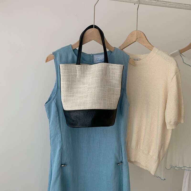 Korean Niche Handbag New Summer Women's Canvas Color Block Versatile Bucket Commuter Large Capacity Shoulder Crossbody Bag