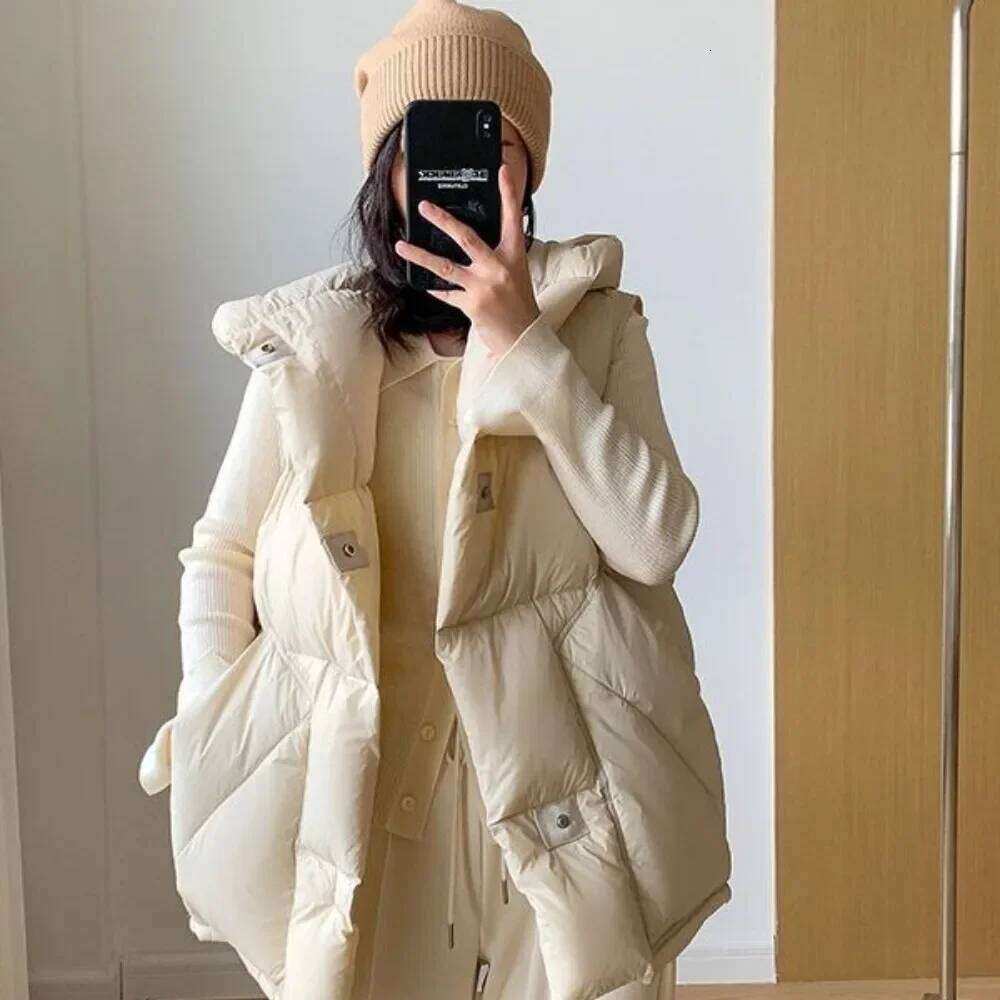 2024 Autumn Winter Warm Streetwear Pockets Oversize Puffer Coat Outerwear Hooded Waistcoat Woman Down Sleeveless Jacket