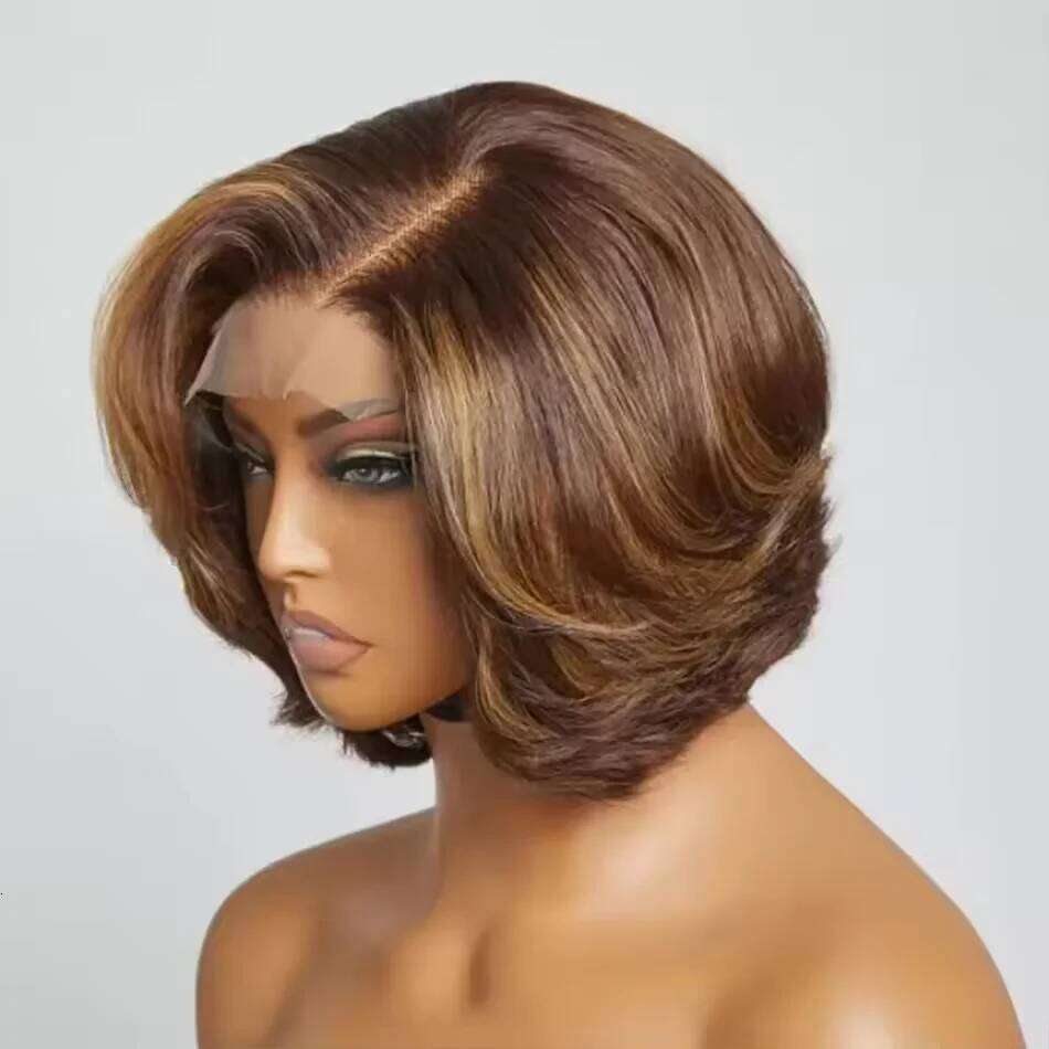 220 Density Glueless Water Ombre Colored HD 5x5 Lace Closure 4/27 Highlight Body Wave Short Bob Brown Wig Human Hair