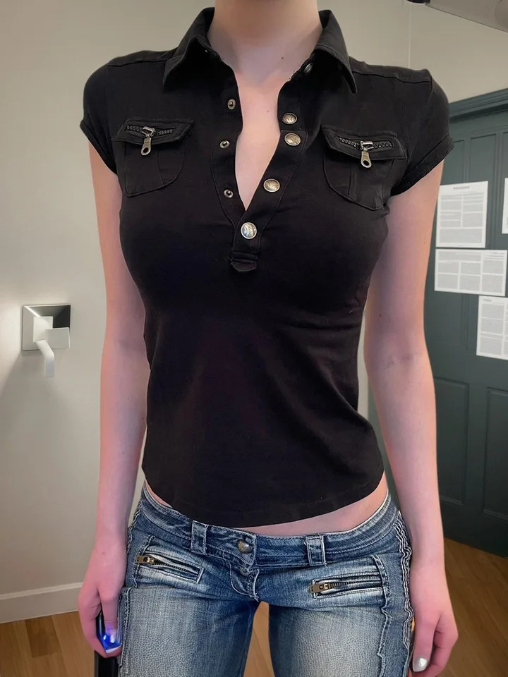 Fashion Safari Style Summer tie Chic Polo Shirts Metal Button Slim Fit Packets Causal T-Shirts 250617