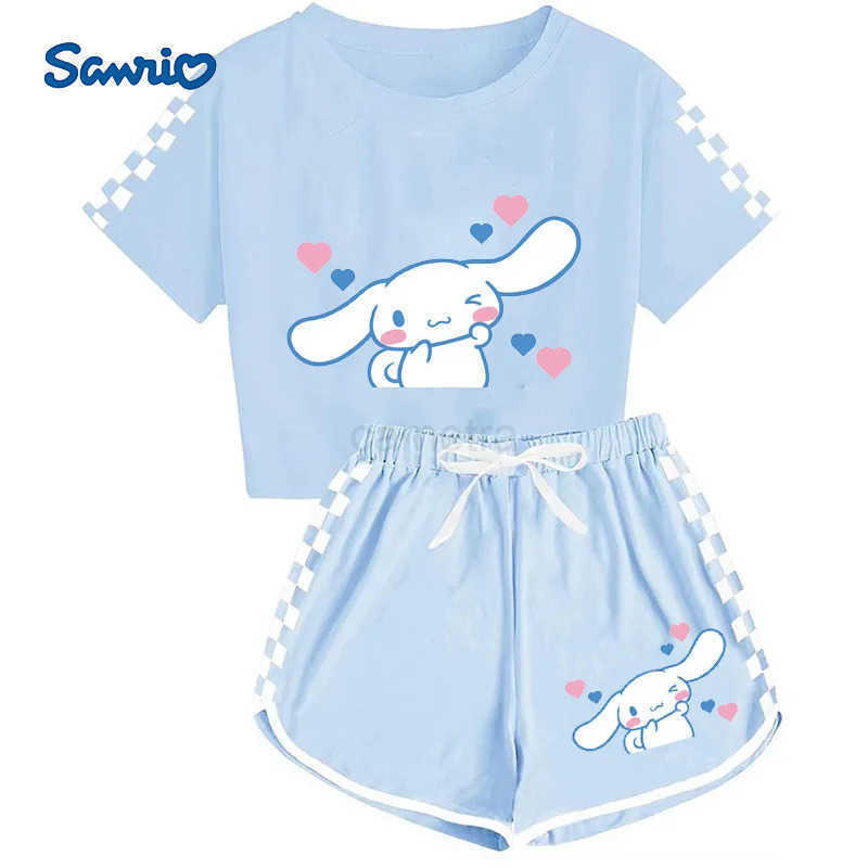 Sanrio Girls Cartoon T-Shirts and Shorts Set Cinnamoroll Kuromi Soft Pajamas Short Sleeve Set Summer Sport Clothes Homewear Gift XJ250618XJ250618