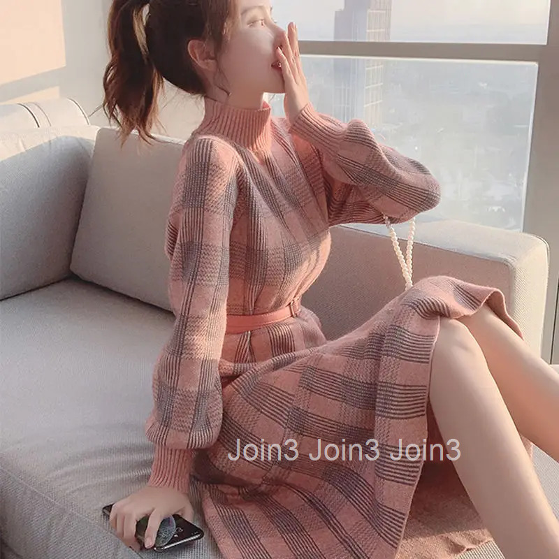 Pink Turtleneck Plaid Knitted Woman Dress Crochet Dresses for Women 2025 Outfits Elegant Party New In Promotion Features Clothes