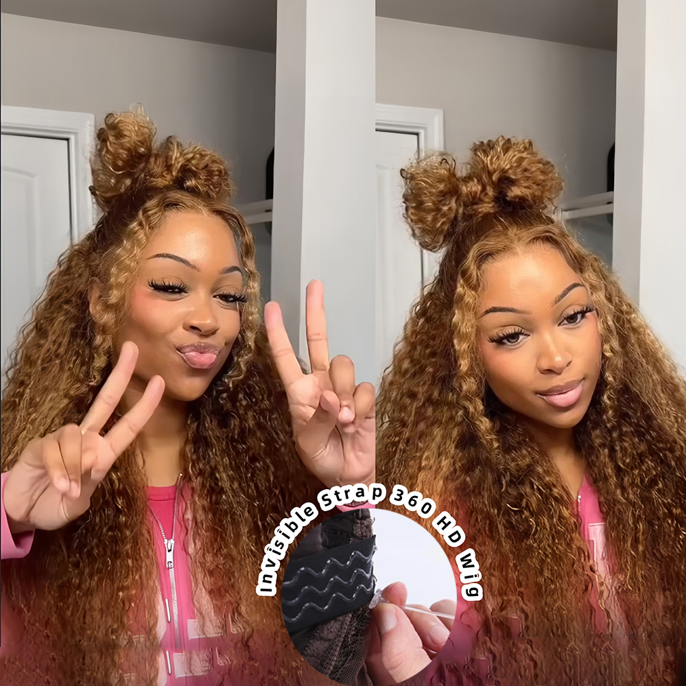 Highlight Deep Wave Invisi-Strap 360 Full Lace Wig Human Hair Pre Plucked 250 Density Lace Wig Colored HD 360 Lace Frontal Wig 36 Inch Glueless Wigs