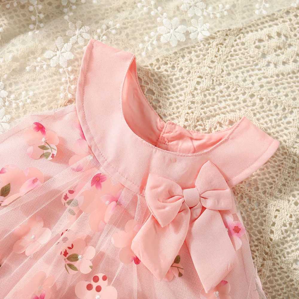 (0-3 Years Old) Summer Mesh All Over Flower Bow Baby Girl Dress Cute Sleeveless Girl Princess DressC250617