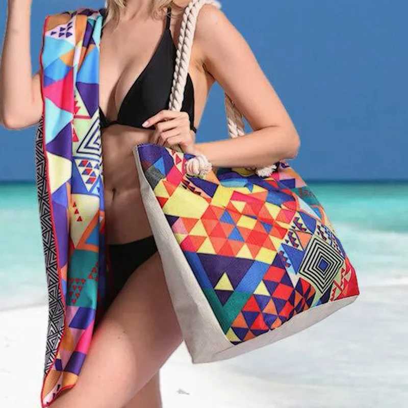 Boho Style Geometric Large Capacity Women Handbags Multifunctional Handbags Shoulder Tote Bags Swimming Storage Bag Beach Bag B250618