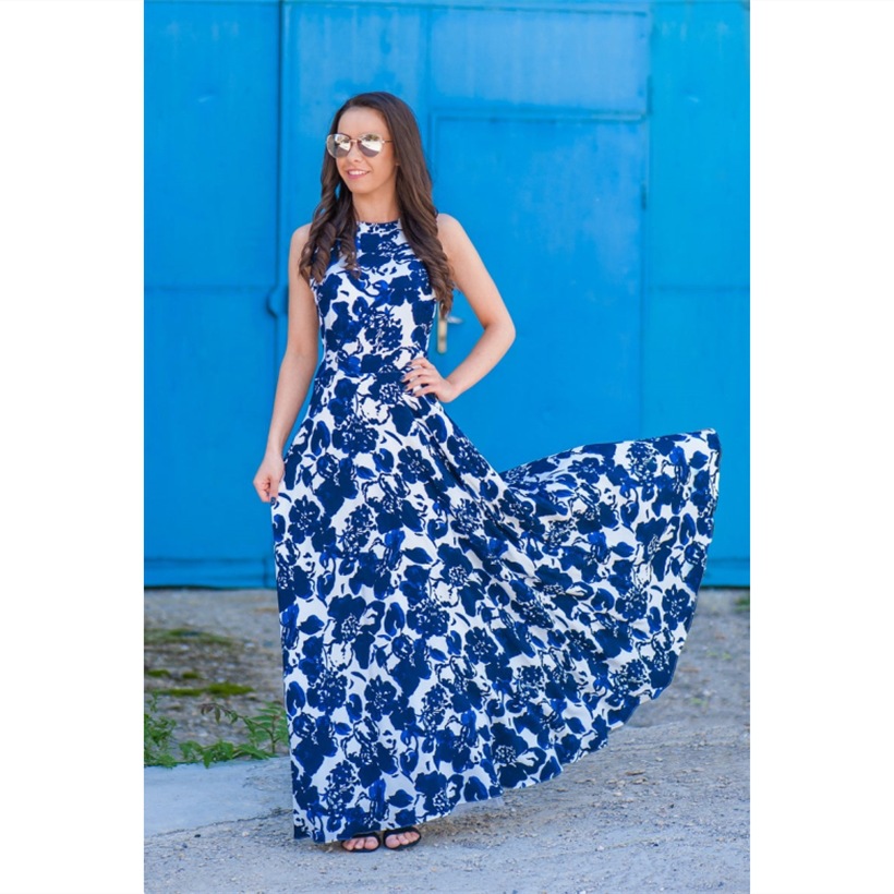 European and American parent-child long dress, summer sleeveless new blue and white porcelain dress long style high waist big swing mother and woman s