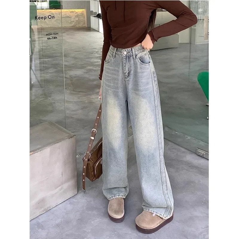 Plus Size Washed Wide Leg American High Street Jeans Womens Spring Autumn Casual Drape Loose Harajuku Straight Leg Pants 250609