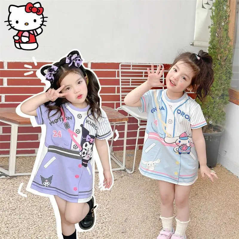 Sanrio Sanrio Hello Kitty Kuromi T Shirt Skirt Girls Dress Sanrio New Summer Anime Short Sleeved Skirt Suit Kawaii Children Casual T ShirtXJ250618
