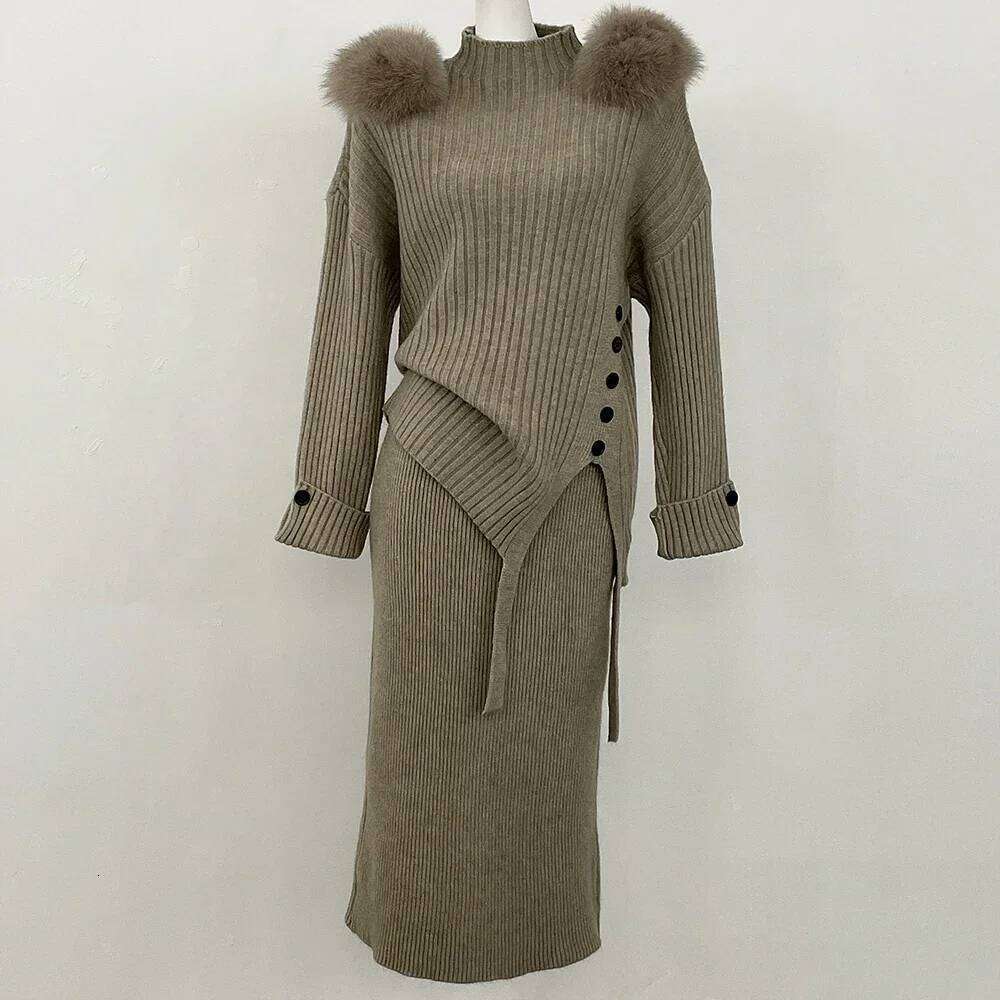 Pullover Set Women Split Fashion Knitted Spring Autumn Two Piece Long Sleeve Ladies Blouses Ruffle Pleated Skirts Real Fur Coat