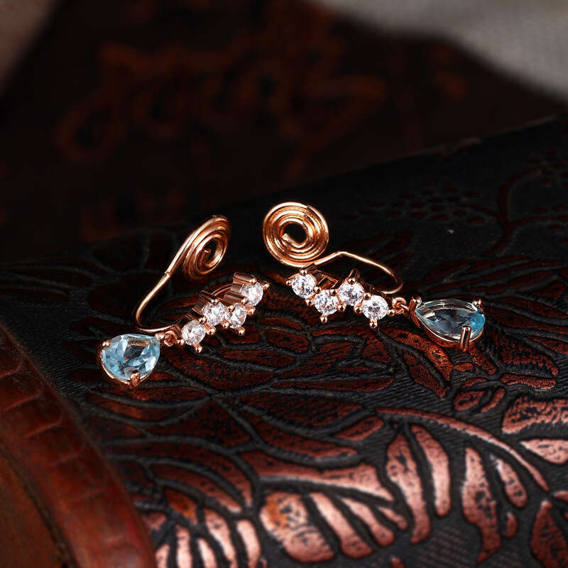 Mermaid Tears" High-End Blue Topaz Elegant Water Drop Small Earrings Painless Ear Clips for Women Without Pierced Ears Exquisite