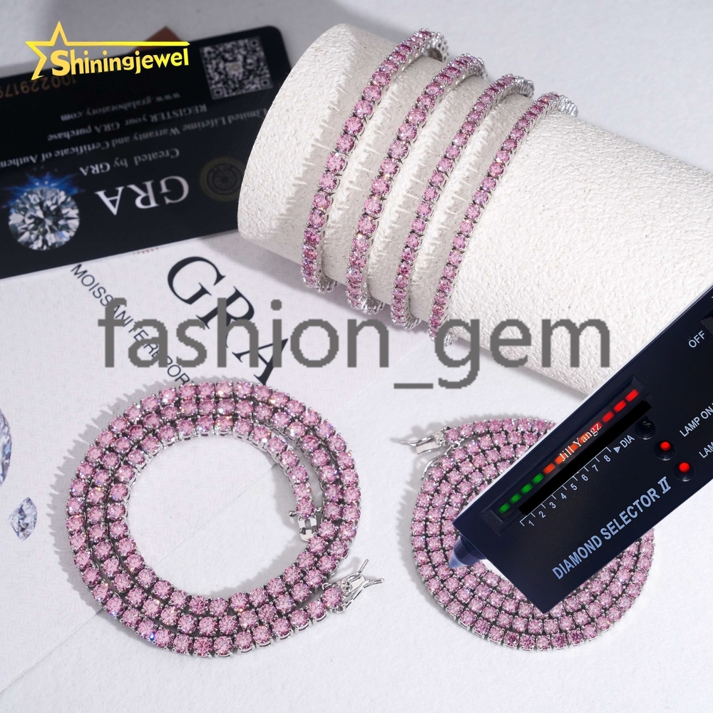 Pass Diamond Tester Pink Moissanite Tennis Necklace Bracelet 3mm 4mm Colorful Tennis Chain 925 Sterling Silver Fine Jewelry