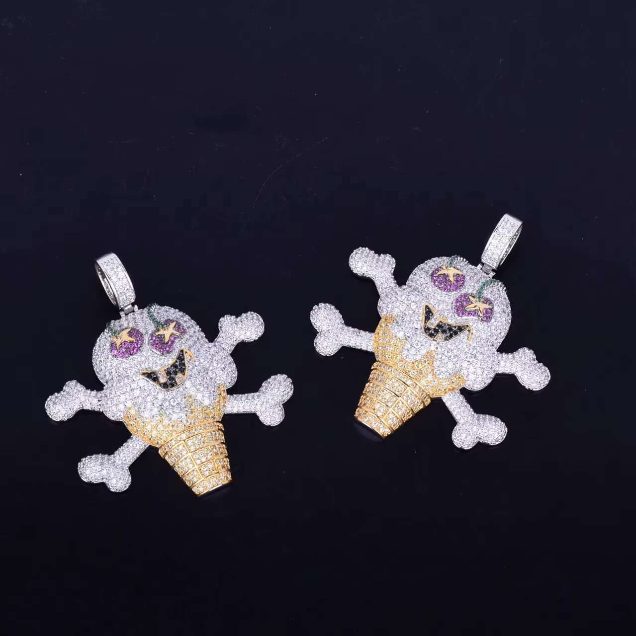 New Arrival 18K Gold and Silver Hip Hop Style Pirate Skull Ice Cream Moissanite Pendants Charms Necklace Charm Set