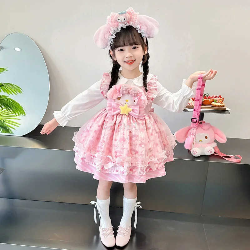 Sanrio 2024 Sanrio Cosplay Melody Lolita Princess Dress Summer Childrens Costume Dress Puffy Skirt Suit Cute Girl Birthday Kawaii Gift XJ250618