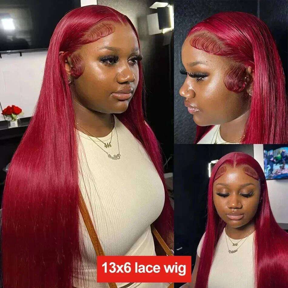 13x6 Front Wig 99J Red Bury Colored HD Transparent Pre Plucked Lace Frontal Human Hair Wigs Straight