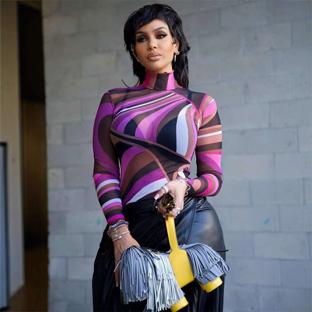 Autumn New Style Elegant Color-Block Stretch High-Neck Slim Fit Mesh See-Through Sexy Hot Girl Long Sleeve Top B5