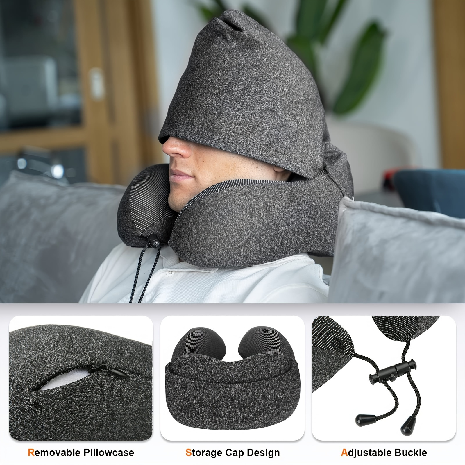 New hooded shading U-shaped pillow travel portable aircraft neck protection memory cotton pillow lunch break neck protection U-shaped pillow.