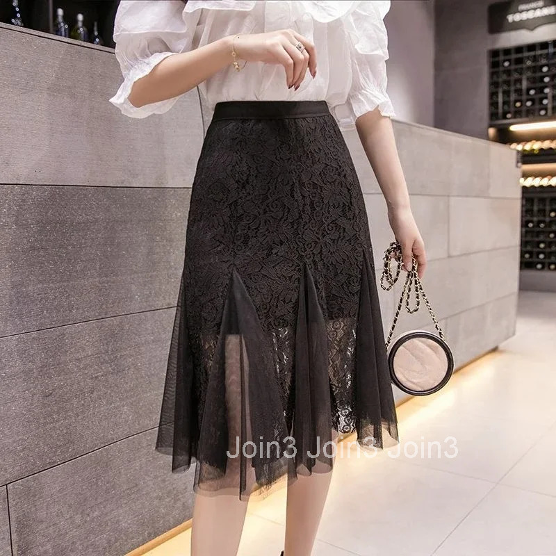 High Waist Midi White Tulle Patchwork Lace Mesh Skirts for Women Summer 2025 Aesthetic V Clothing Trend Harajuku Woman Skirt